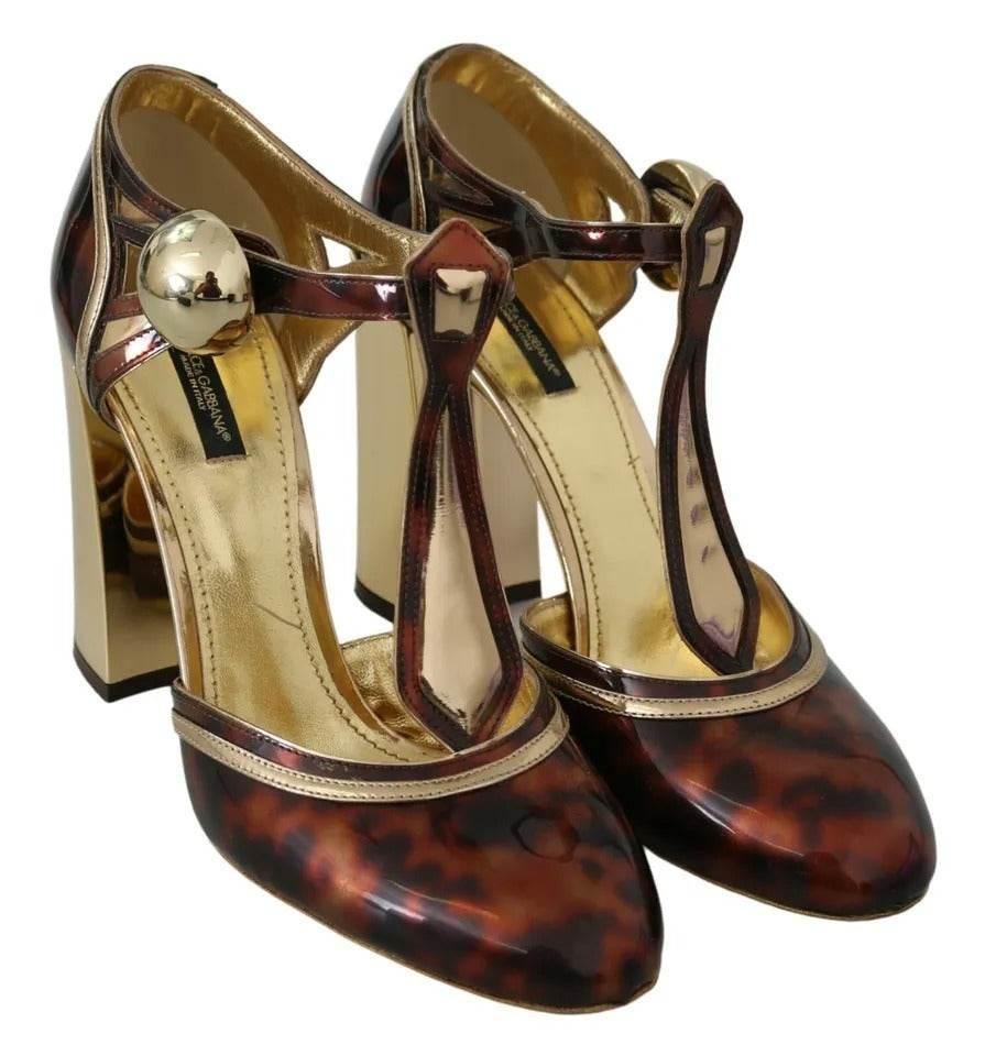 Dolce & Gabbana Gold Leopard T-strap Pumps Sandals Shoes - Hilstor