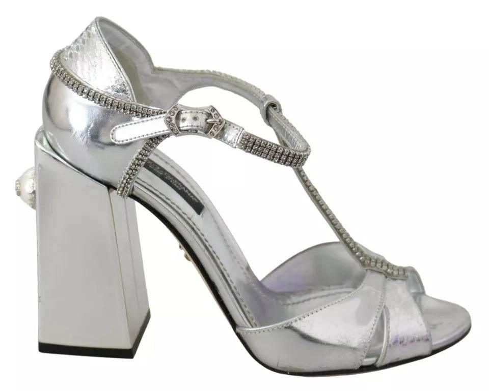 Dolce & Gabbana Silver Crystals T-strap Sandals Leather Shoes - Hilstor