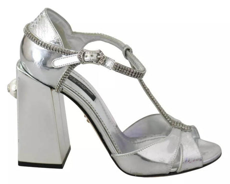Dolce & Gabbana Silver Crystals T-strap Sandals Leather Shoes - Hilstor