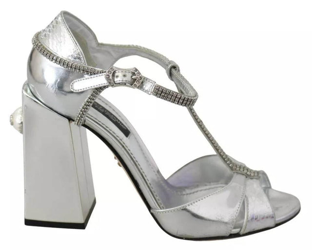 Dolce & Gabbana Silver Crystals T-strap Sandals Leather Shoes - Hilstor