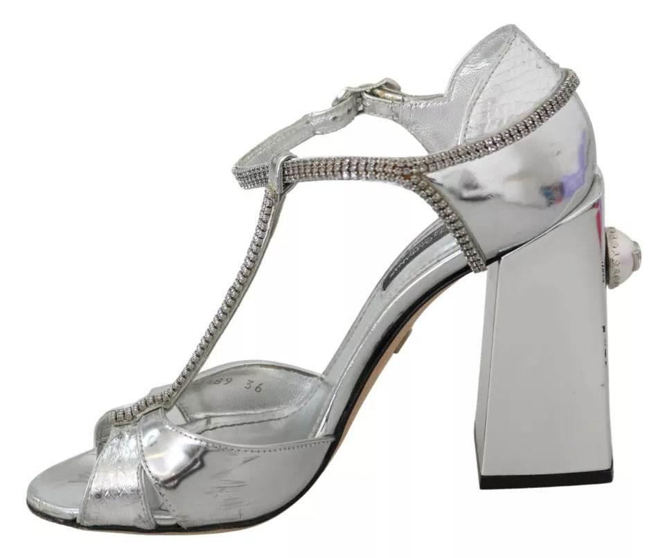 Dolce & Gabbana Silver Crystals T-strap Sandals Leather Shoes - Hilstor