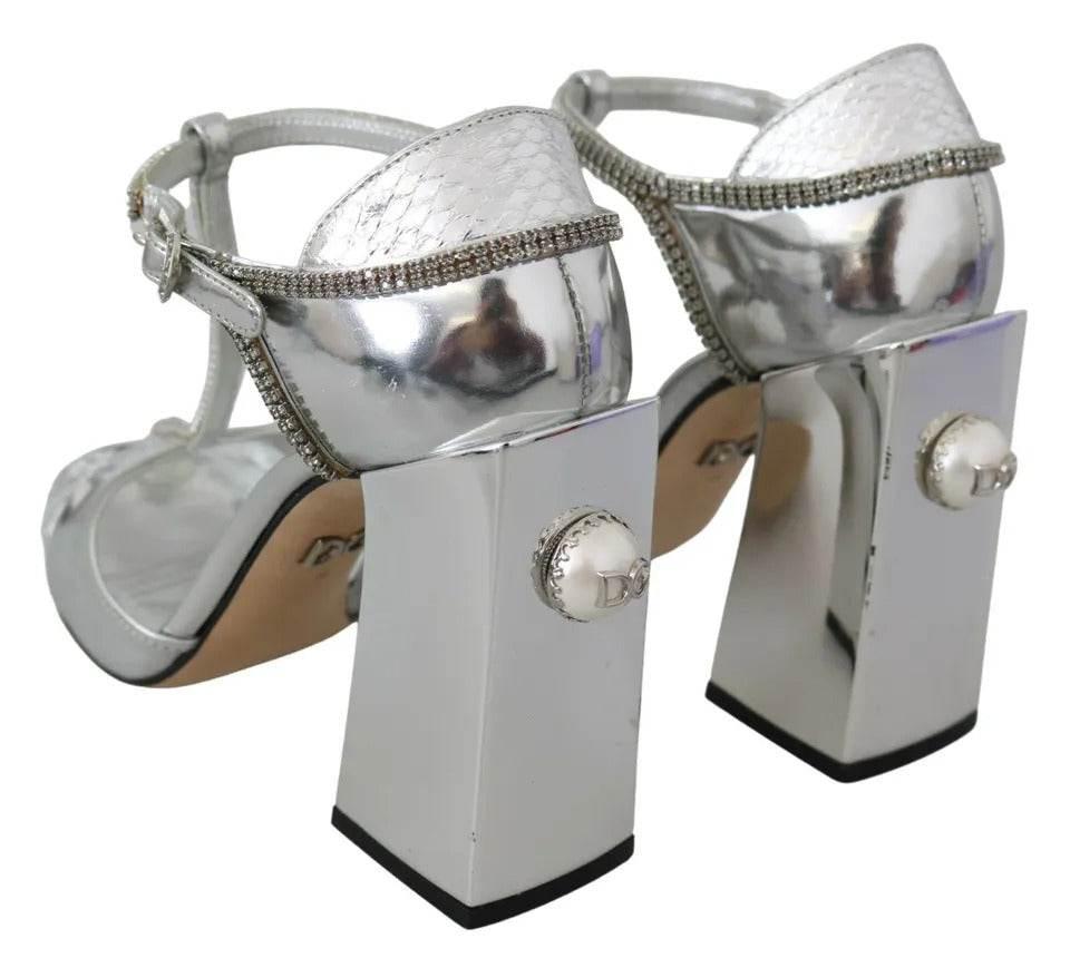 Dolce & Gabbana Silver Crystals T-strap Sandals Leather Shoes - Hilstor