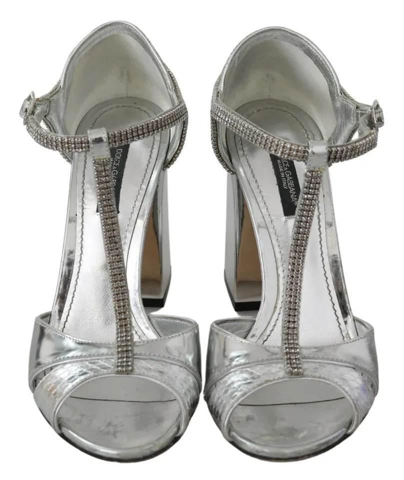 Dolce & Gabbana Silver Crystals T-strap Sandals Leather Shoes - Hilstor