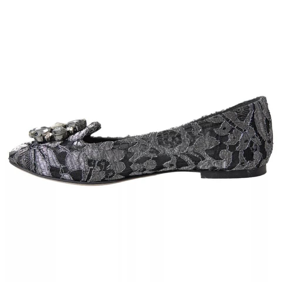 Dolce & Gabbana Gray Black Lace Crystal Ballet Loafers Shoes - Hilstor