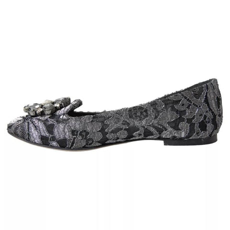 Dolce & Gabbana Gray Black Lace Crystal Ballet Loafers Shoes - Hilstor