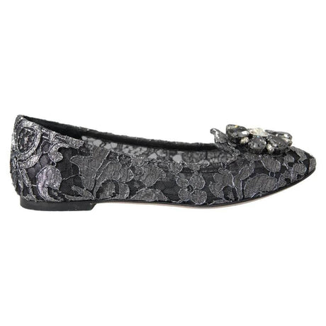 Dolce & Gabbana Gray Black Lace Crystal Ballet Loafers Shoes - Hilstor
