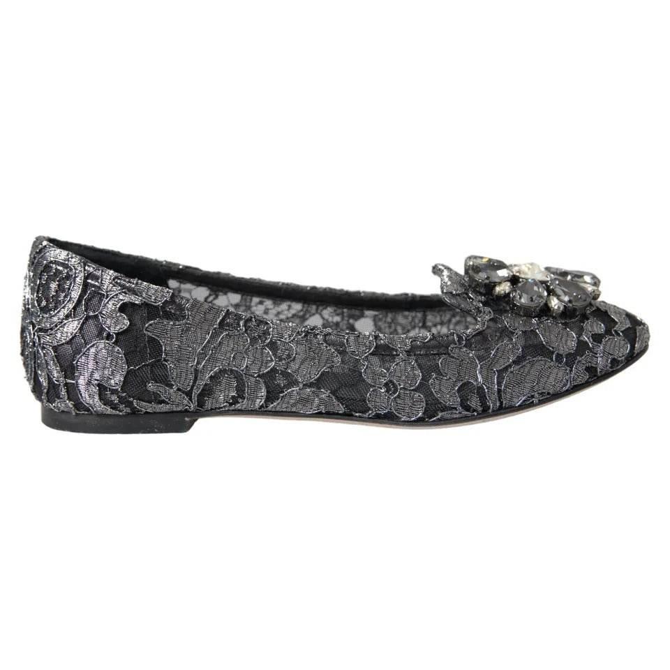 Dolce & Gabbana Gray Black Lace Crystal Ballet Loafers Shoes - Hilstor