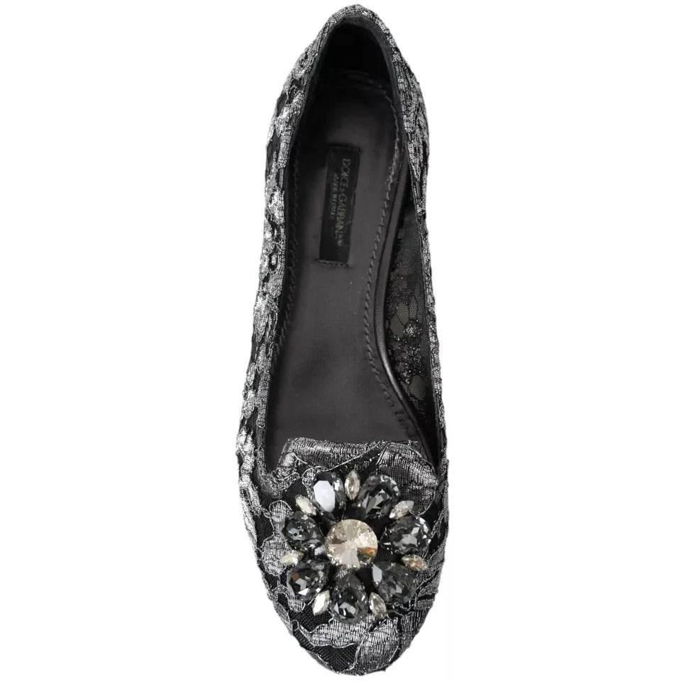Dolce & Gabbana Gray Black Lace Crystal Ballet Loafers Shoes - Hilstor