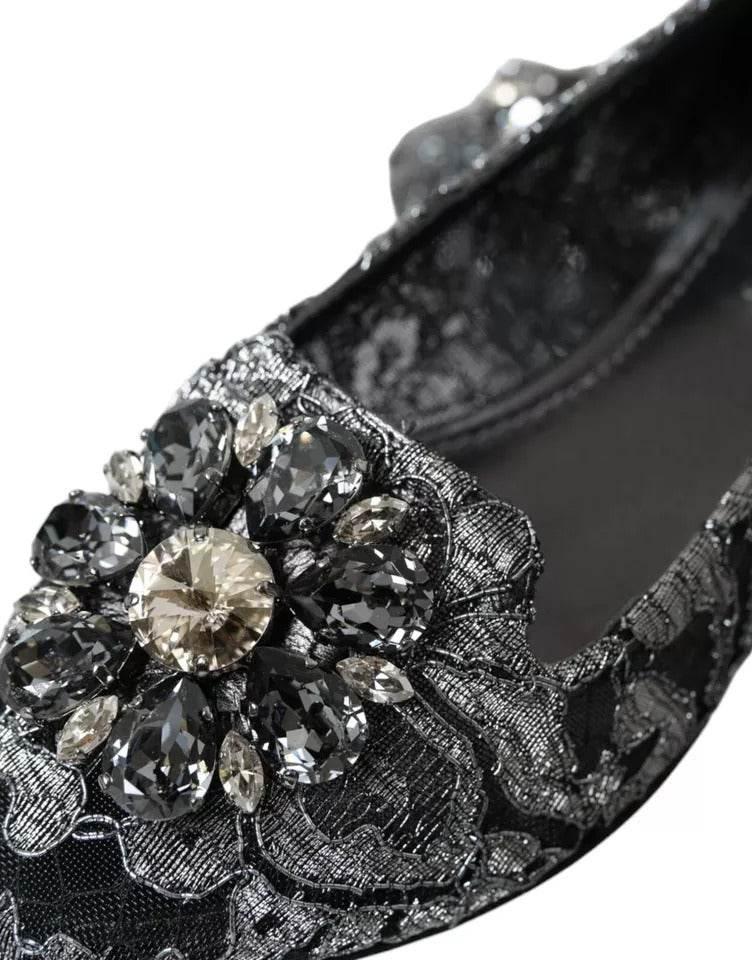 Dolce & Gabbana Gray Black Lace Crystal Ballet Loafers Shoes - Hilstor