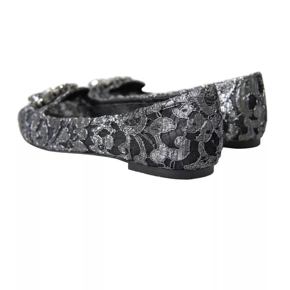Dolce & Gabbana Gray Black Lace Crystal Ballet Loafers Shoes - Hilstor