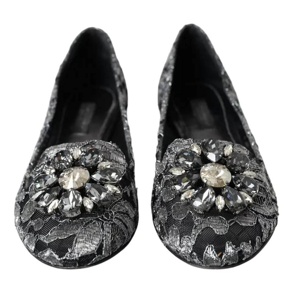 Dolce & Gabbana Gray Black Lace Crystal Ballet Loafers Shoes - Hilstor