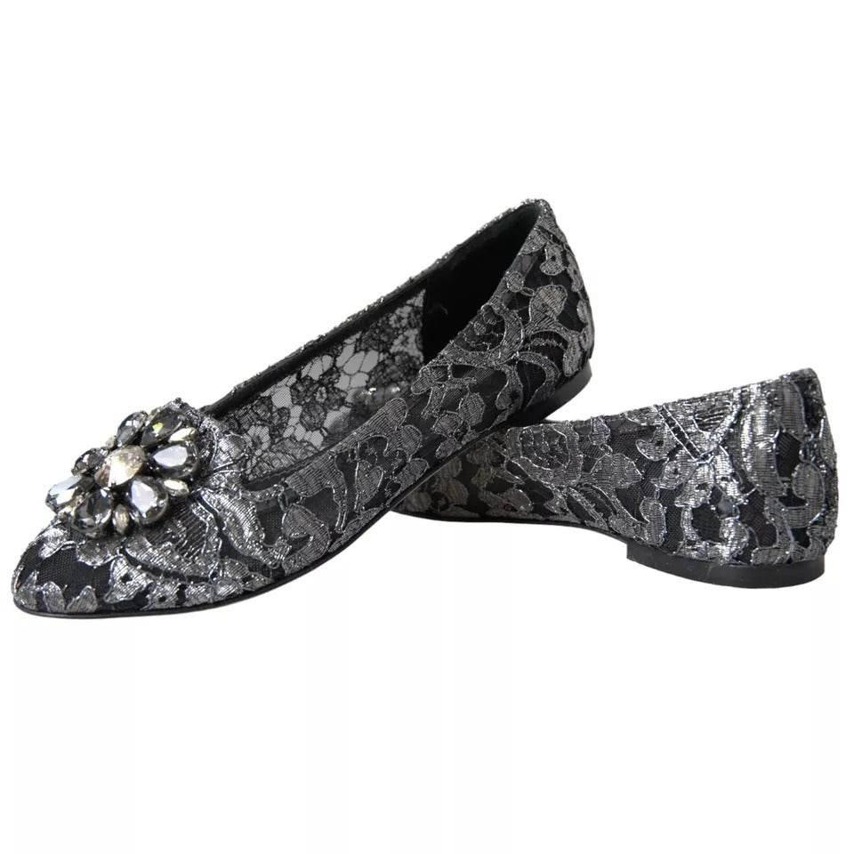 Dolce & Gabbana Gray Black Lace Crystal Ballet Loafers Shoes - Hilstor