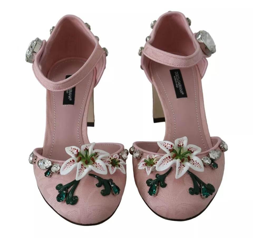 Dolce & Gabbana Pink Brocade Crystal Lily Ankle Strap Shoes - Hilstor