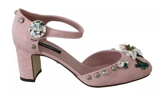 Dolce & Gabbana Pink Brocade Crystal Lily Ankle Strap Shoes - Hilstor