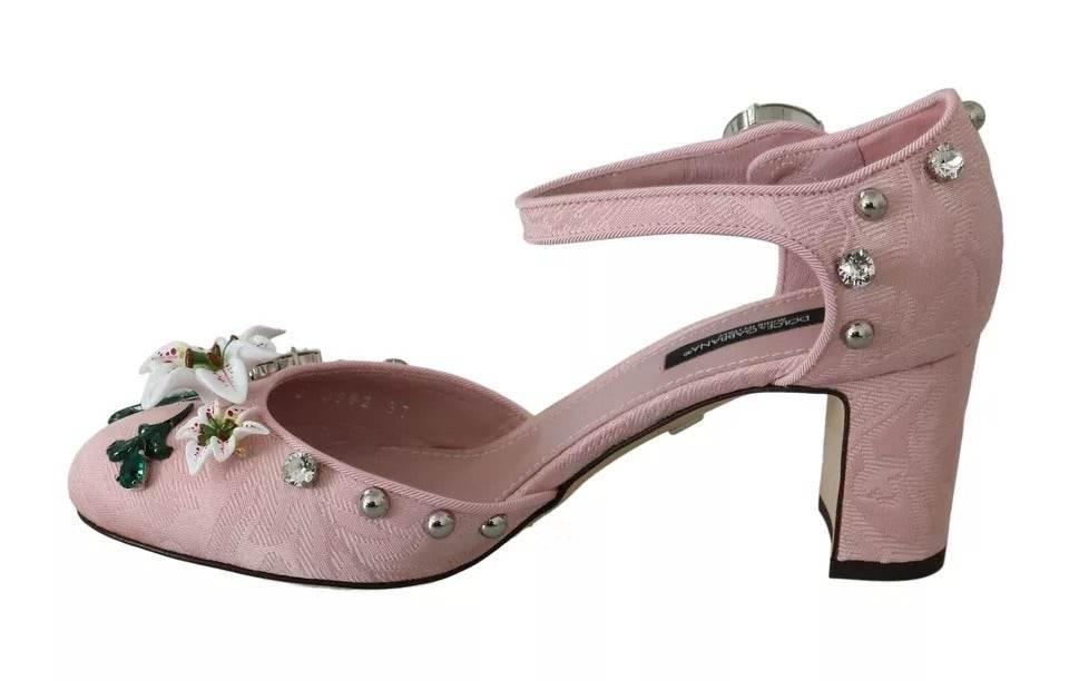 Dolce & Gabbana Pink Brocade Crystal Lily Ankle Strap Shoes - Hilstor