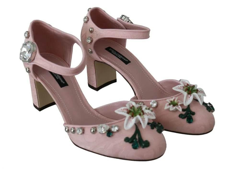 Dolce & Gabbana Pink Brocade Crystal Lily Ankle Strap Shoes - Hilstor