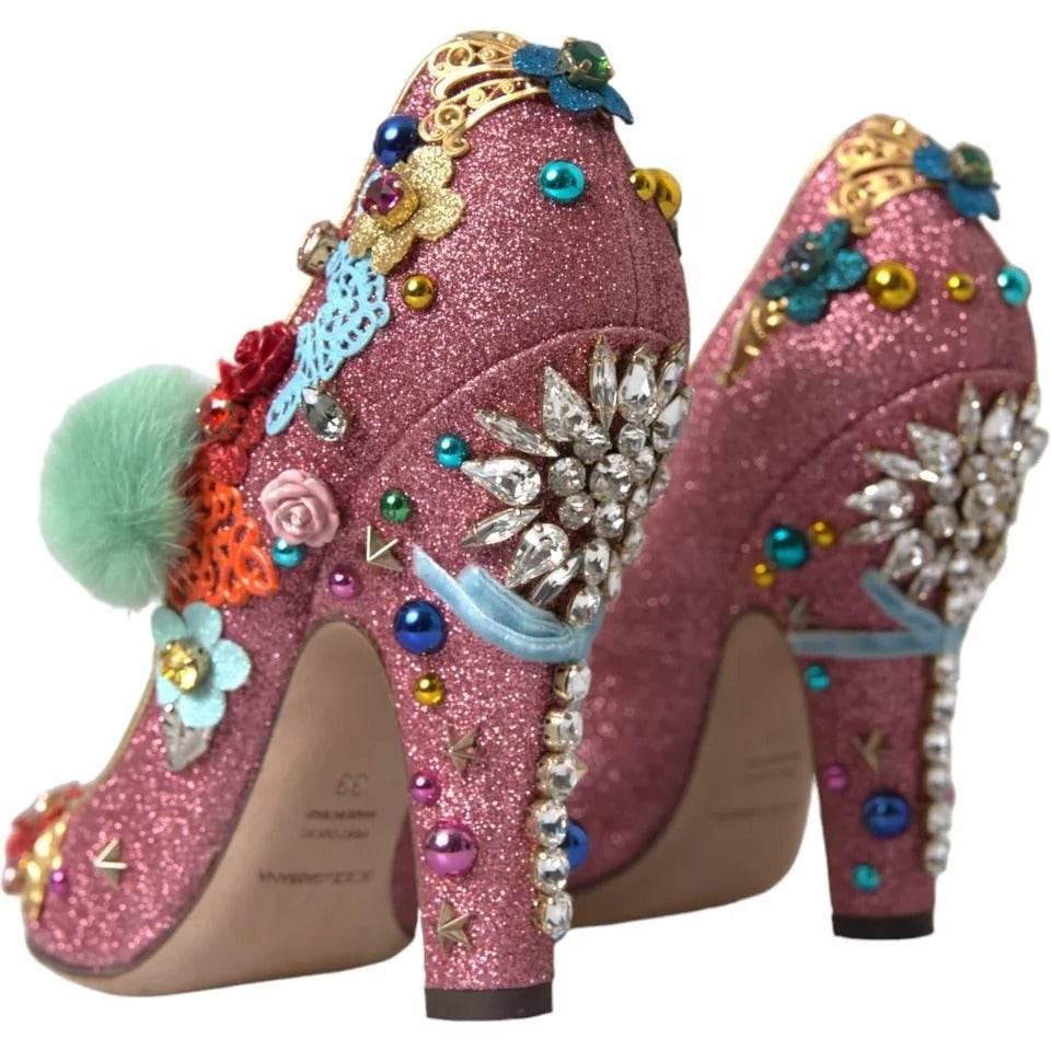 Dolce & Gabbana Pink Embellished Fur Mary Jane Pumps Shoes - Hilstor