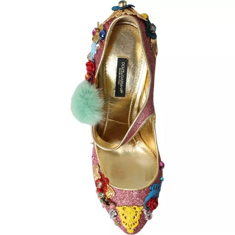 Dolce & Gabbana Pink Embellished Fur Mary Jane Pumps Shoes - Hilstor