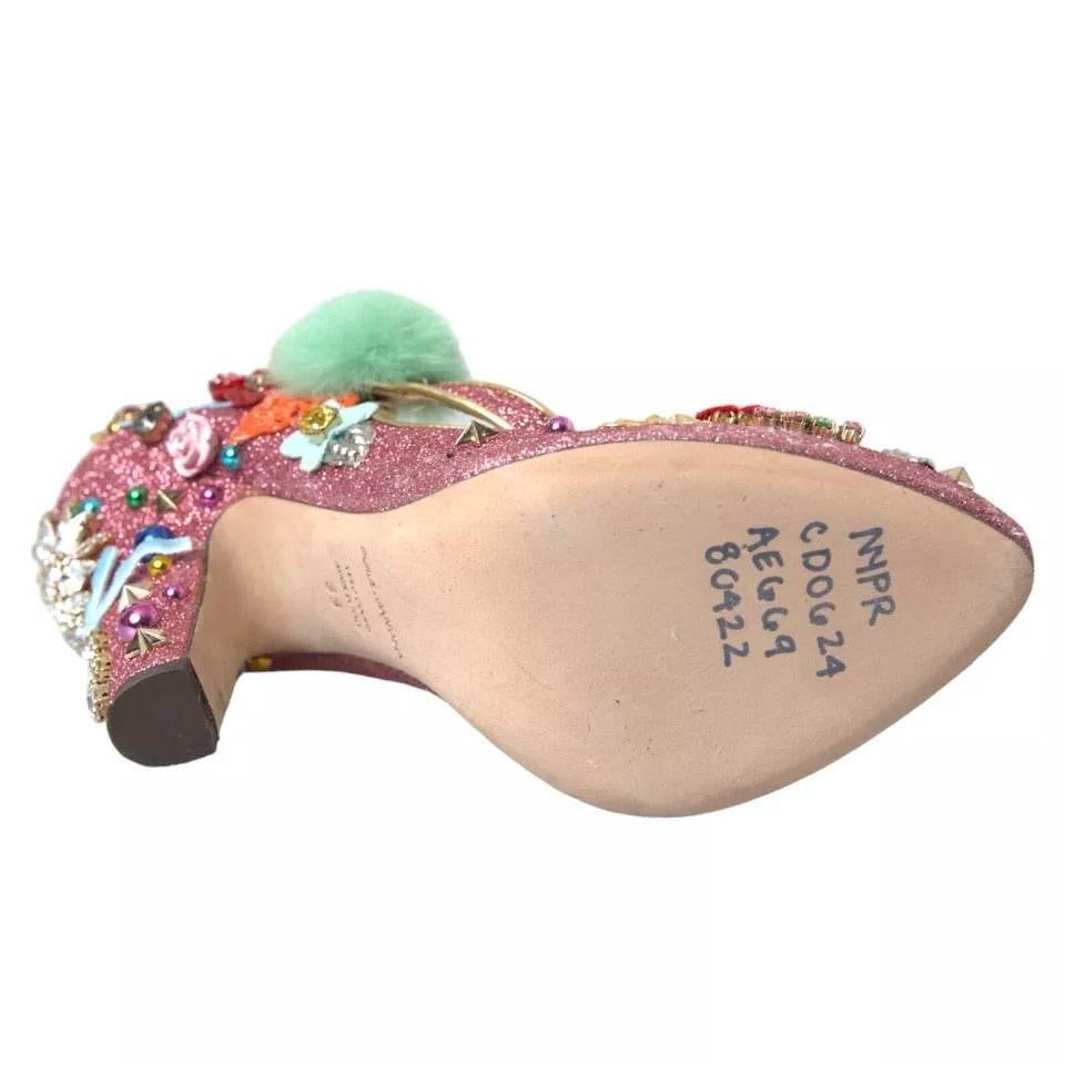 Dolce & Gabbana Pink Embellished Fur Mary Jane Pumps Shoes - Hilstor