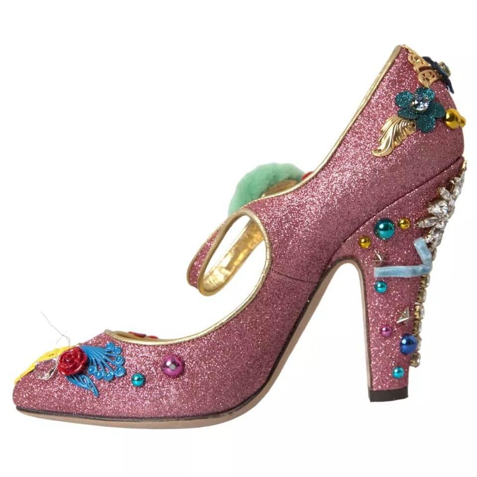Dolce & Gabbana Pink Embellished Fur Mary Jane Pumps Shoes - Hilstor