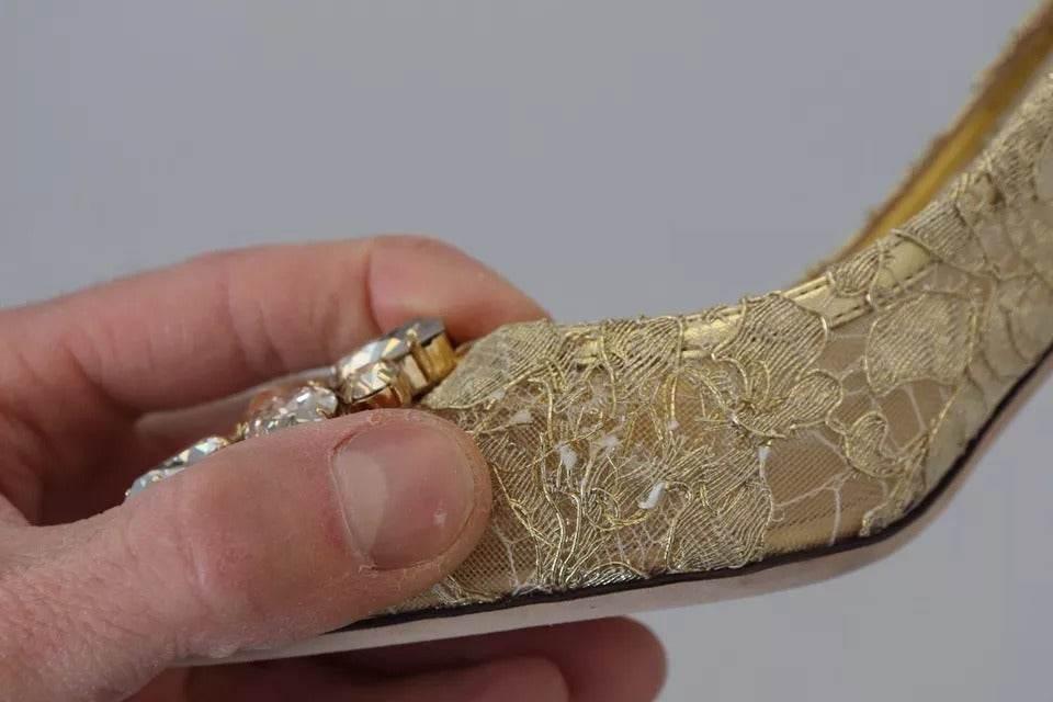 Dolce & Gabbana Gold Taormina Lace Crystal Heels Pumps Shoes - Hilstor