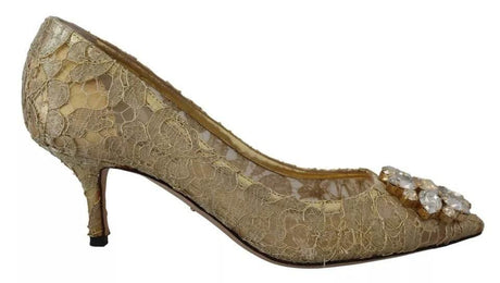 Dolce & Gabbana Gold Taormina Lace Crystal Heels Pumps Shoes - Hilstor