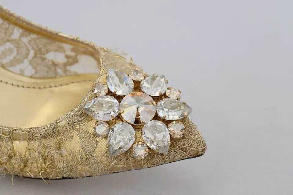 Dolce & Gabbana Gold Taormina Lace Crystal Heels Pumps Shoes - Hilstor