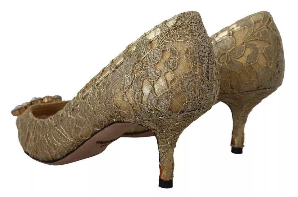 Dolce & Gabbana Gold Taormina Lace Crystal Heels Pumps Shoes - Hilstor