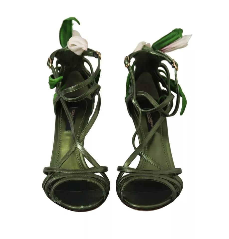 Dolce & Gabbana Acid Green Leather Strappy Flower Heels Sandals Shoes - Hilstor