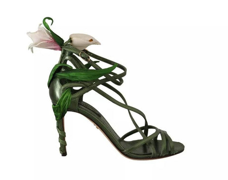 Dolce & Gabbana Acid Green Leather Strappy Flower Heels Sandals Shoes - Hilstor