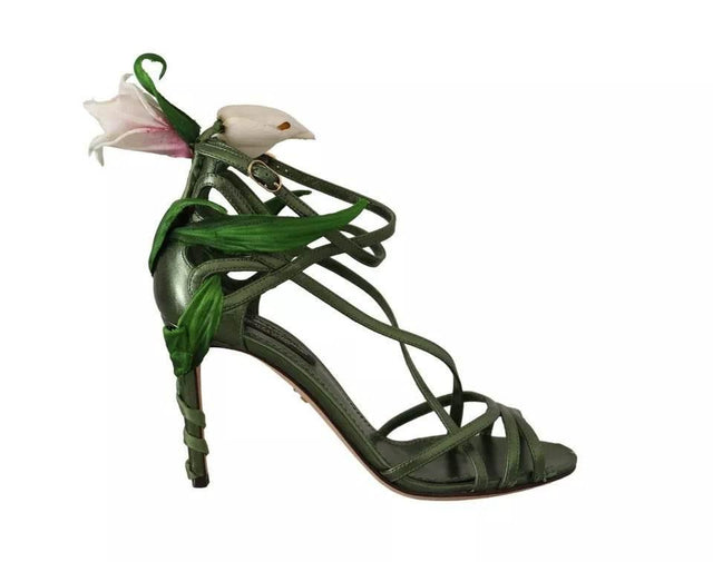 Dolce & Gabbana Acid Green Leather Strappy Flower Heels Sandals Shoes - Hilstor