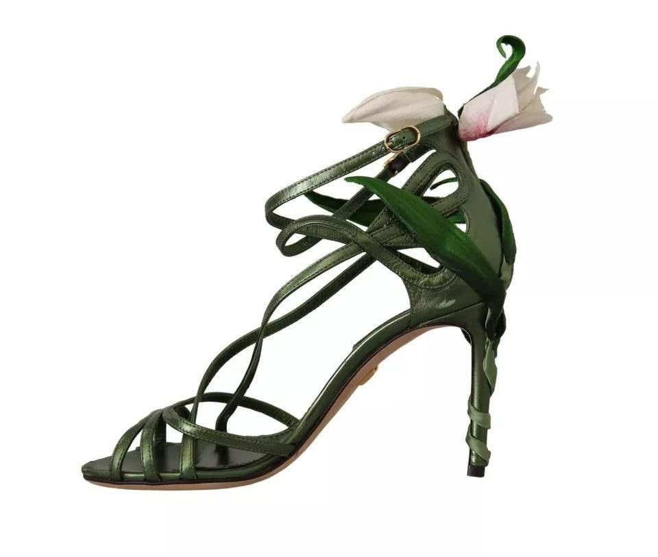 Dolce & Gabbana Acid Green Leather Strappy Flower Heels Sandals Shoes - Hilstor
