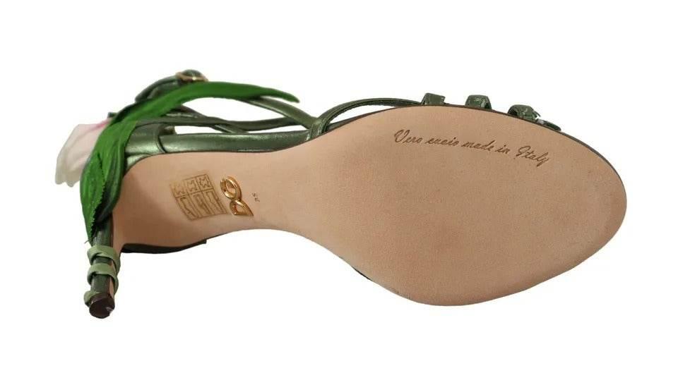 Dolce & Gabbana Acid Green Leather Strappy Flower Heels Sandals Shoes - Hilstor