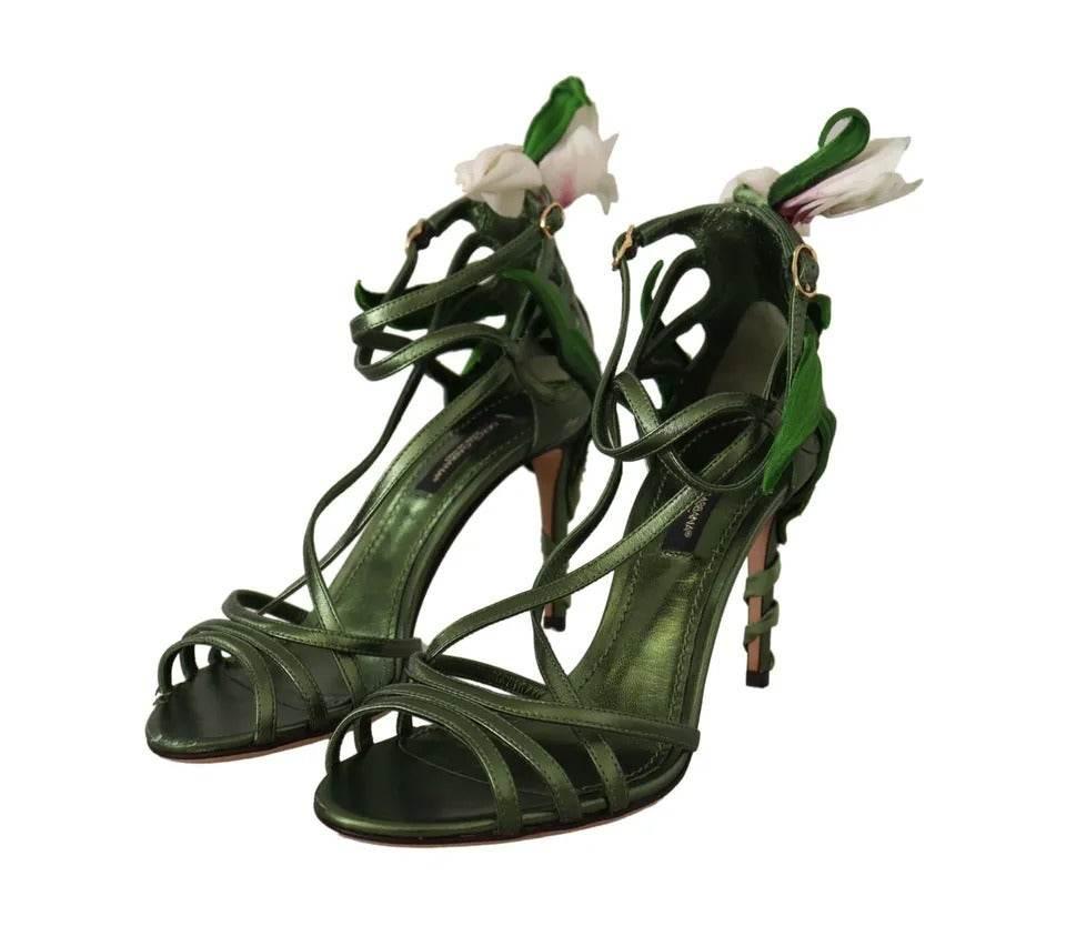 Dolce & Gabbana Acid Green Leather Strappy Flower Heels Sandals Shoes - Hilstor