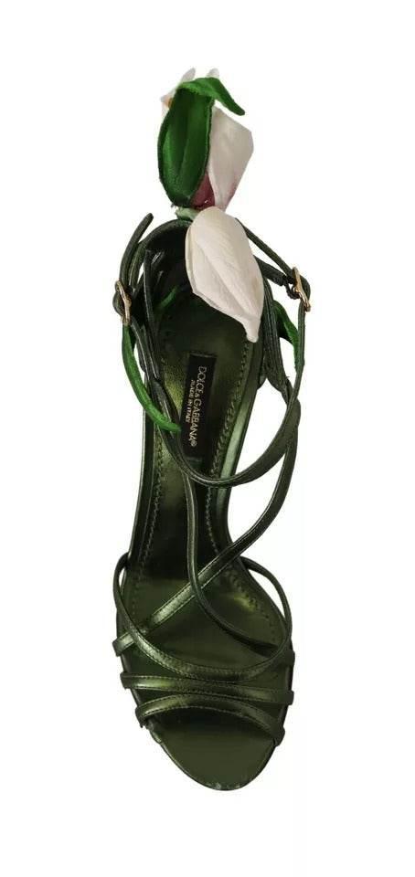 Dolce & Gabbana Acid Green Leather Strappy Flower Heels Sandals Shoes - Hilstor