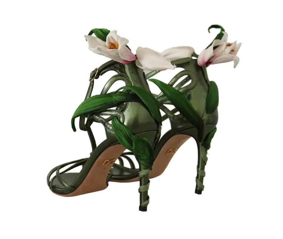 Dolce & Gabbana Acid Green Leather Strappy Flower Heels Sandals Shoes - Hilstor
