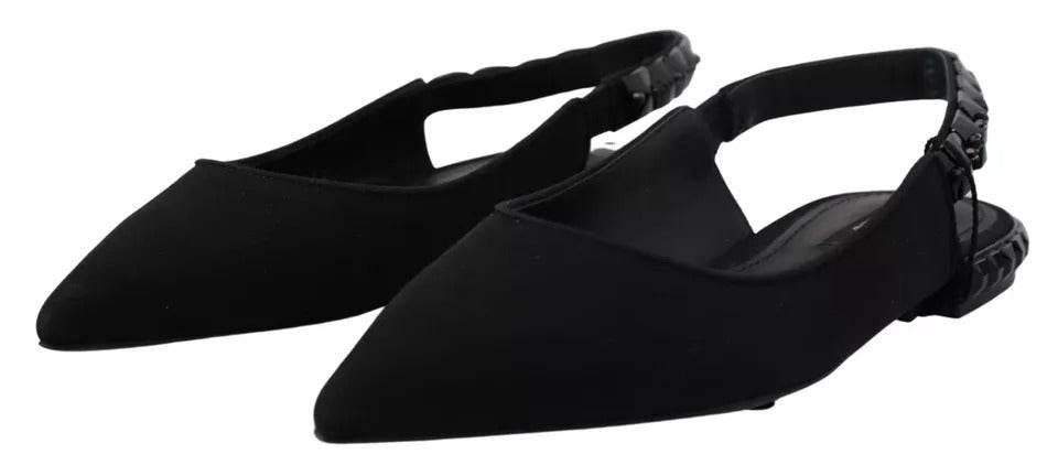 Dolce & Gabbana Black Flats Crystal Slingback Charmeuse Shoes - Hilstor