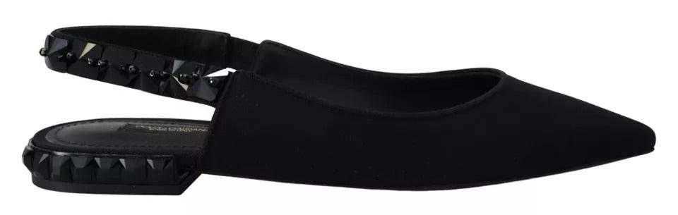 Dolce & Gabbana Black Flats Crystal Slingback Charmeuse Shoes - Hilstor