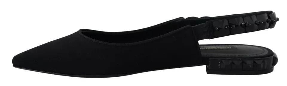 Dolce & Gabbana Black Flats Crystal Slingback Charmeuse Shoes - Hilstor