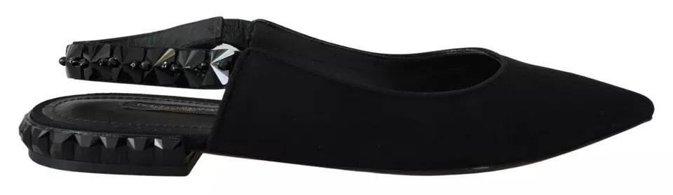 Dolce & Gabbana Black Flats Crystal Slingback Charmeuse Shoes - Hilstor