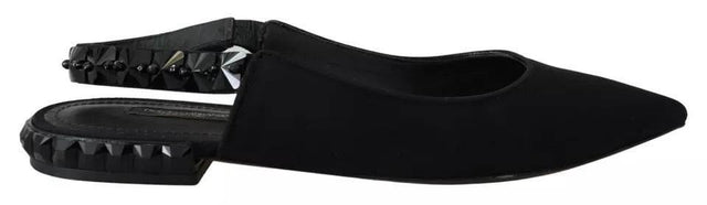Dolce & Gabbana Black Flats Crystal Slingback Charmeuse Shoes - Hilstor