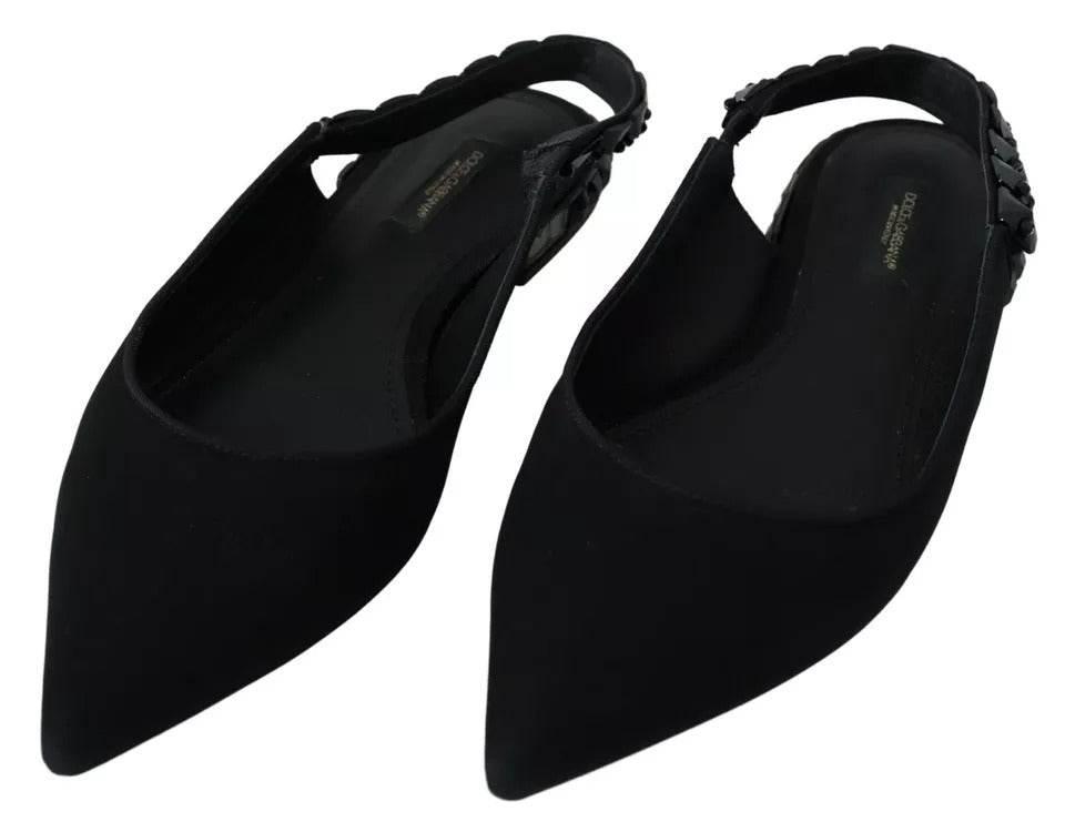 Dolce & Gabbana Black Flats Crystal Slingback Charmeuse Shoes - Hilstor