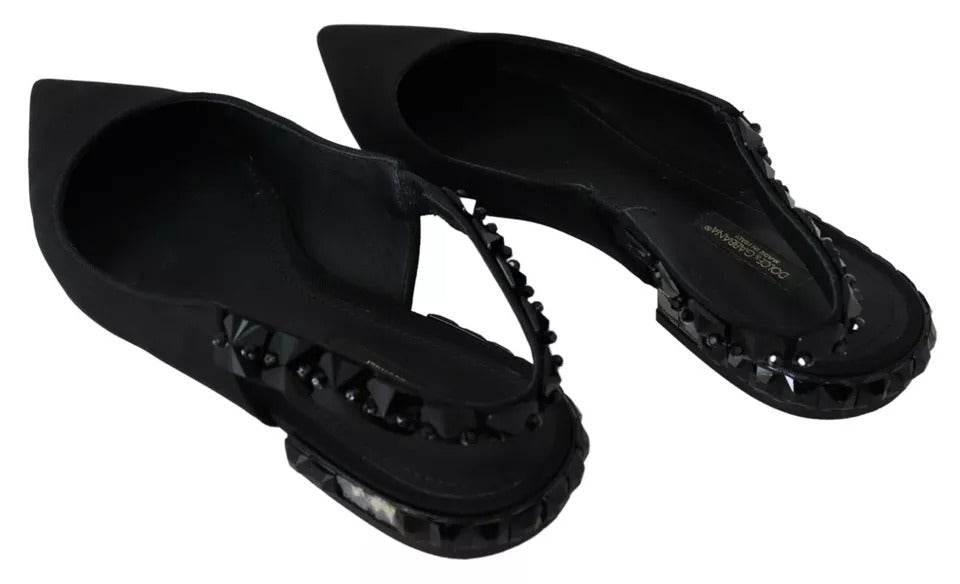 Dolce & Gabbana Black Flats Crystal Slingback Charmeuse Shoes - Hilstor