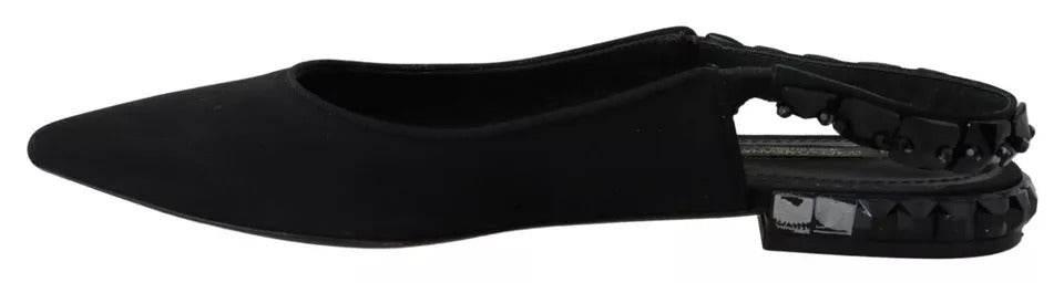 Dolce & Gabbana Black Flats Crystal Slingback Charmeuse Shoes - Hilstor