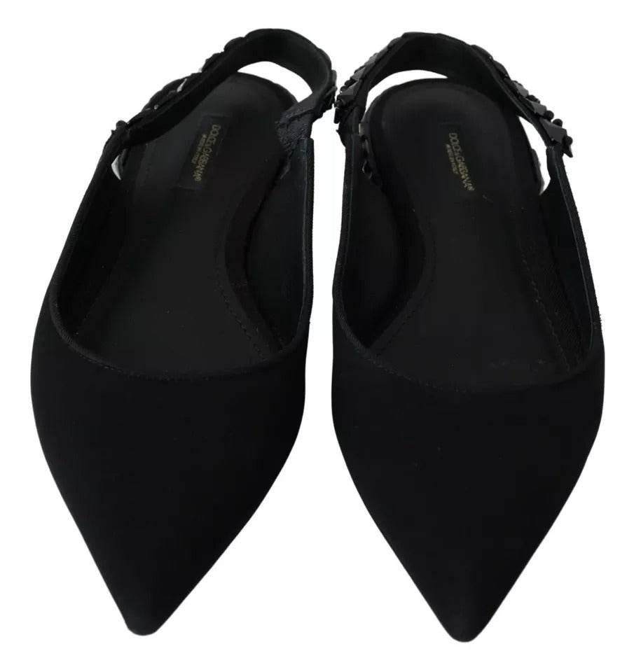 Dolce & Gabbana Black Flats Crystal Slingback Charmeuse Shoes - Hilstor