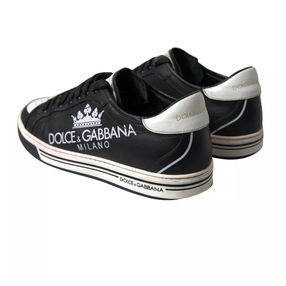 Dolce & Gabbana Black Leather Crown Milano Men Sneakers Shoes - Hilstor