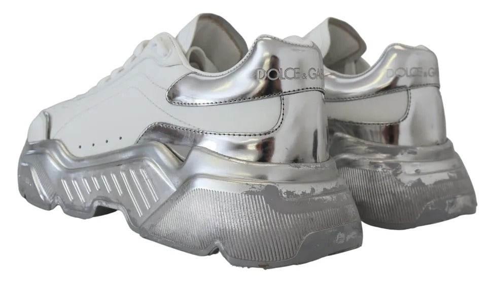 Dolce & Gabbana White Silver Leather Daymaster Sneakers Shoes - Hilstor