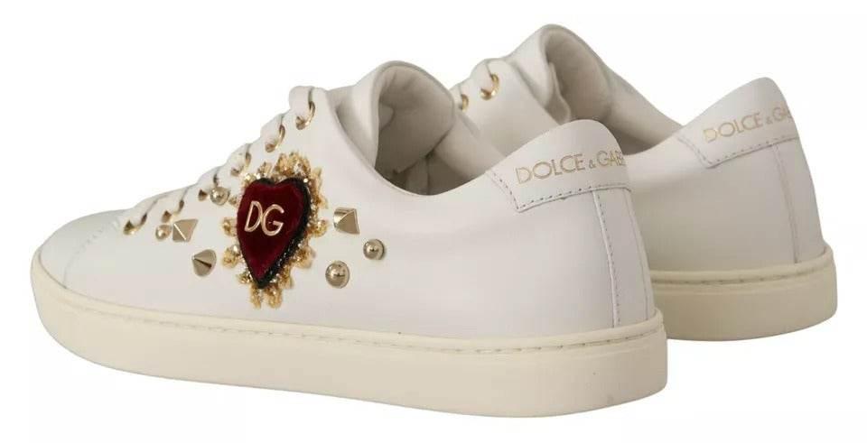 Dolce & Gabbana White Leather Gold Red Heart Sneakers Shoes - Hilstor