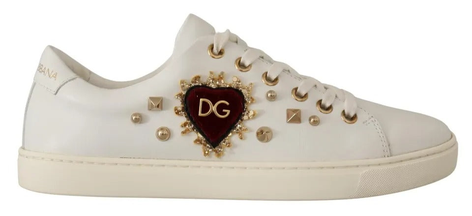 Dolce &amp; Gabbana Hvidt Læder Guld Rødt Hjerte Sneakers Sko