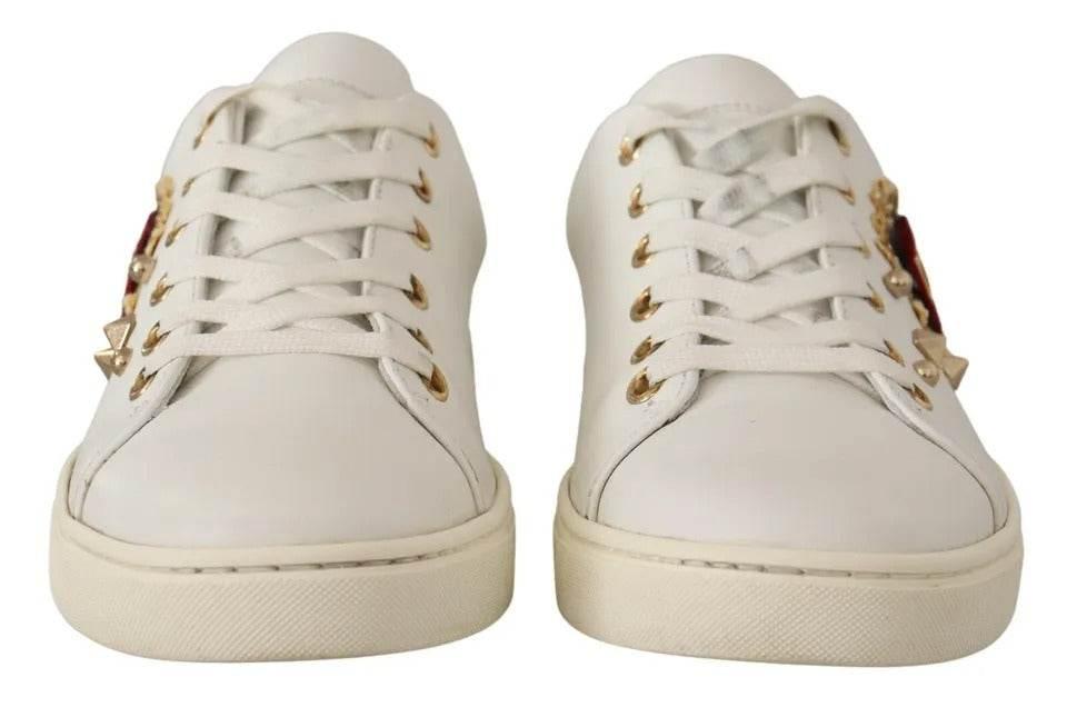 Dolce & Gabbana White Leather Gold Red Heart Sneakers Shoes - Hilstor